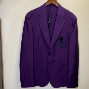 ROBERT CAVALLI Men’s Deep Purple Chimera Crest-Embroidered Blazer Size 42